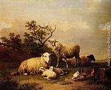 Sheep Canvas Paintings - Sheep With Resting Lambs And Poultry In A Landscape
